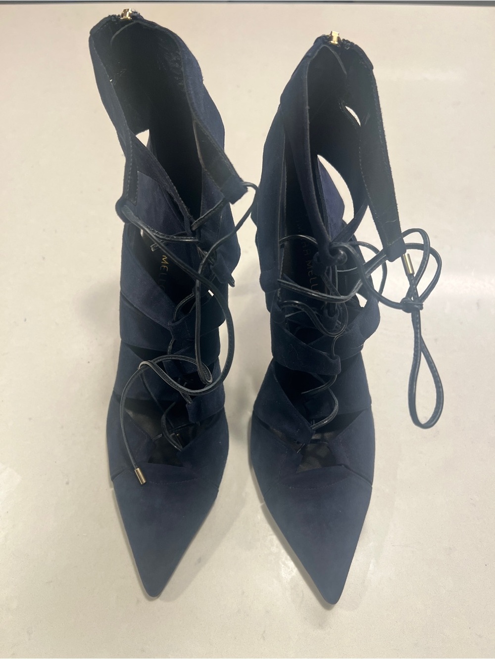 Tamara Mellon Navy Suede Lace-Up Pointed Toe Heels